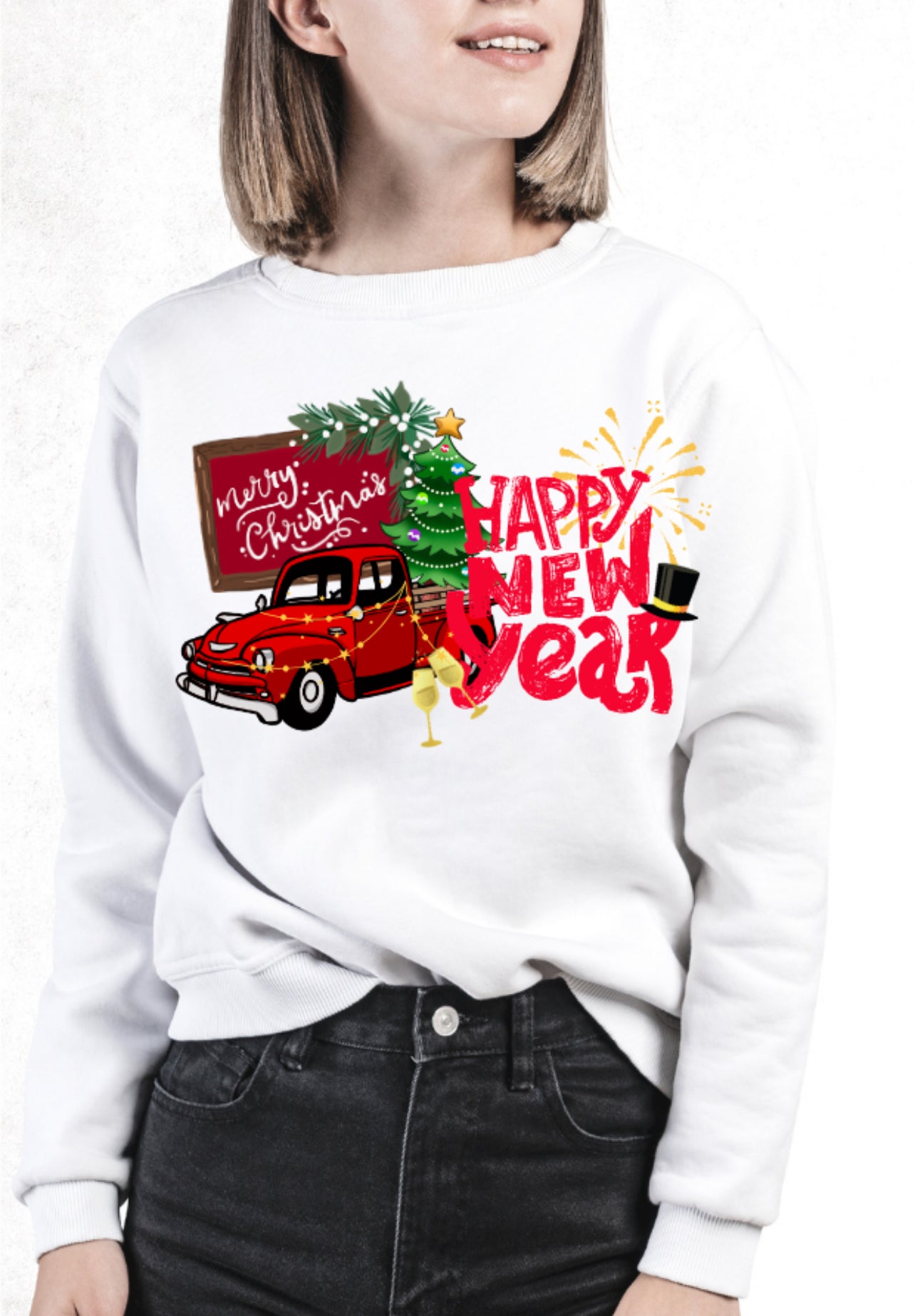 MerryChristmas RedTruck-HappyNewYear duo Sweatshirt | Adult Unisex | full chest print