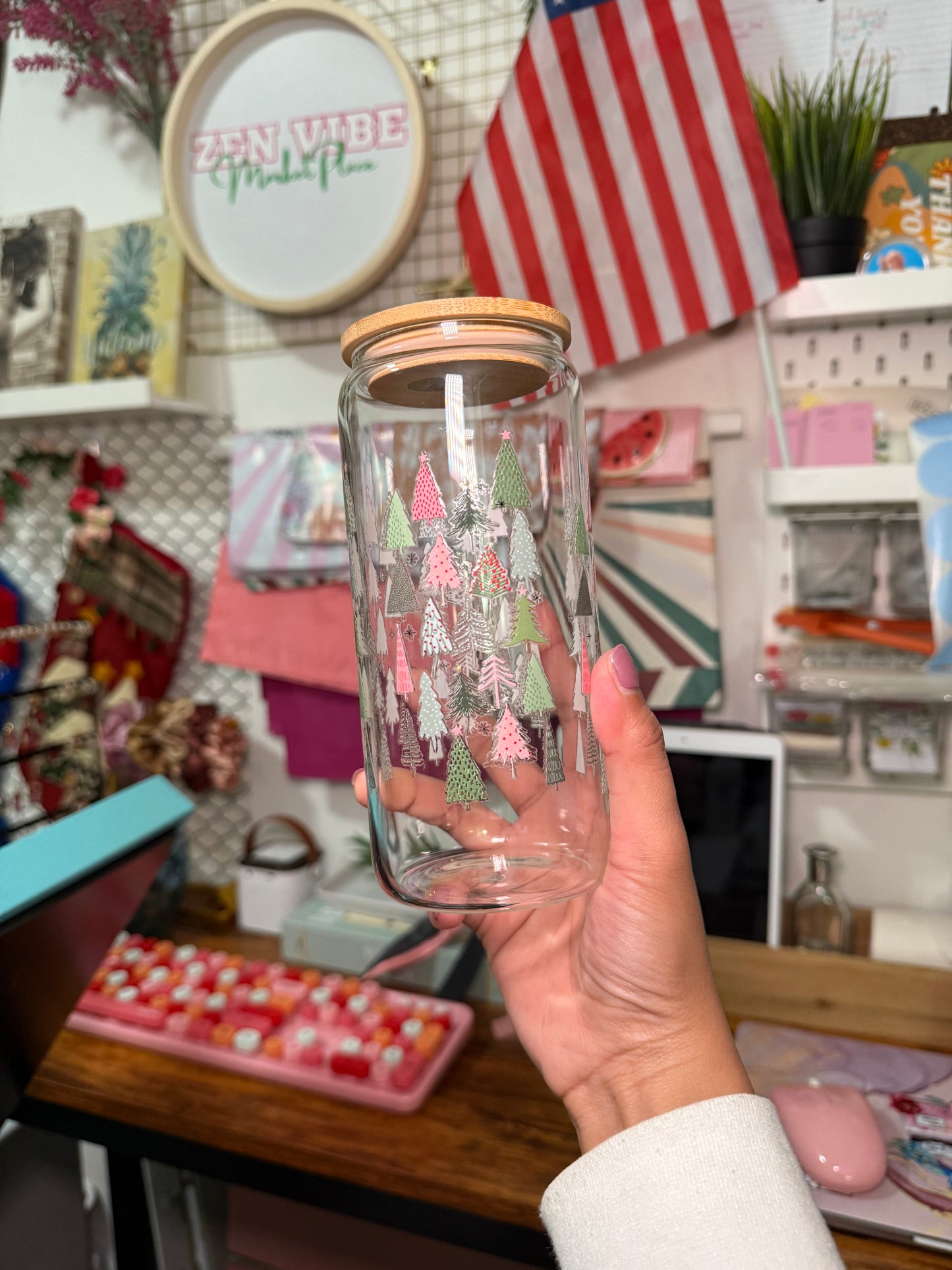 Pinkish Christmas Trees beercan glasscup set | 20 oz