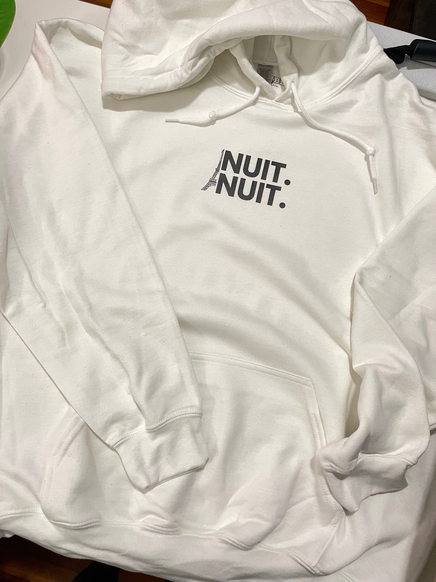 Nuit.Nuit.Eiffel Tower Hoodie pocket size center chest| Adult Unisex