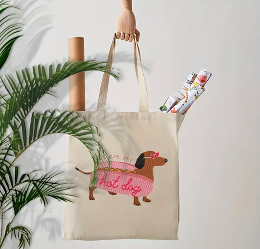 Chic Embroidered Dachsund Hot Dog canvas tote | 2 sided | pet lover | limited stocks