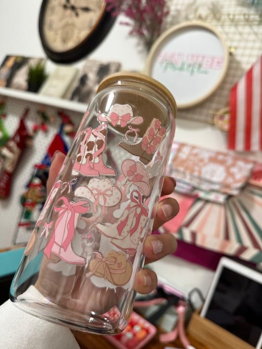 Pink Ribbon cowgirl boots and hats beercan glasscup set | 20 oz