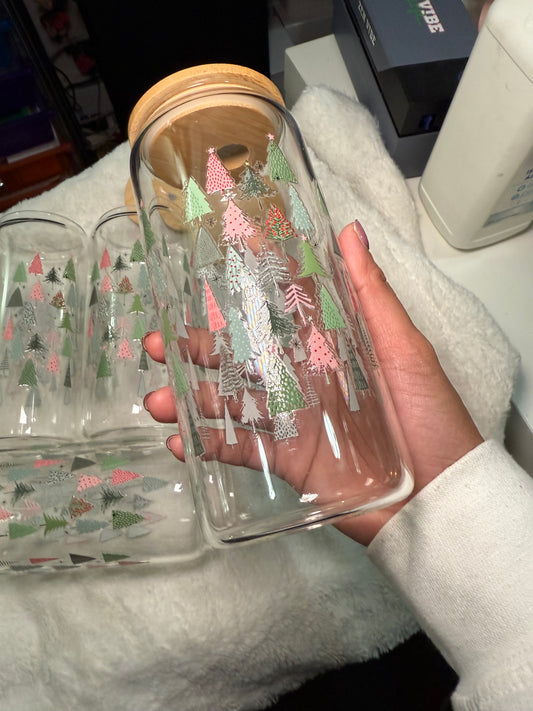 Pinkish Christmas Trees beercan glasscup set | 20 oz