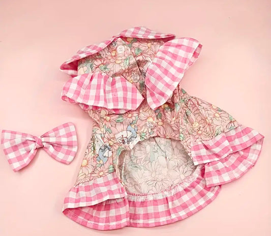 Floral Pink PLAID with a bow Paw Pet Dress set | Spring or Summer Dress for your paw loves | pet apparels | limited stocks | pet needs