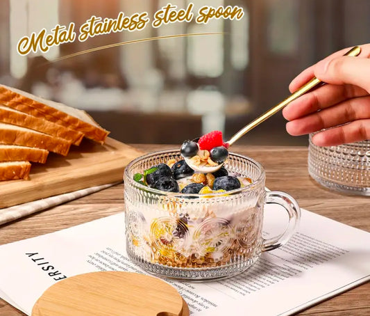 Vintage Coffee Glass Mug 3-piece set | Hot or Cold | 14 fl oz | with bamboo lid and Stainless steel mini spoon | Limited Stocks