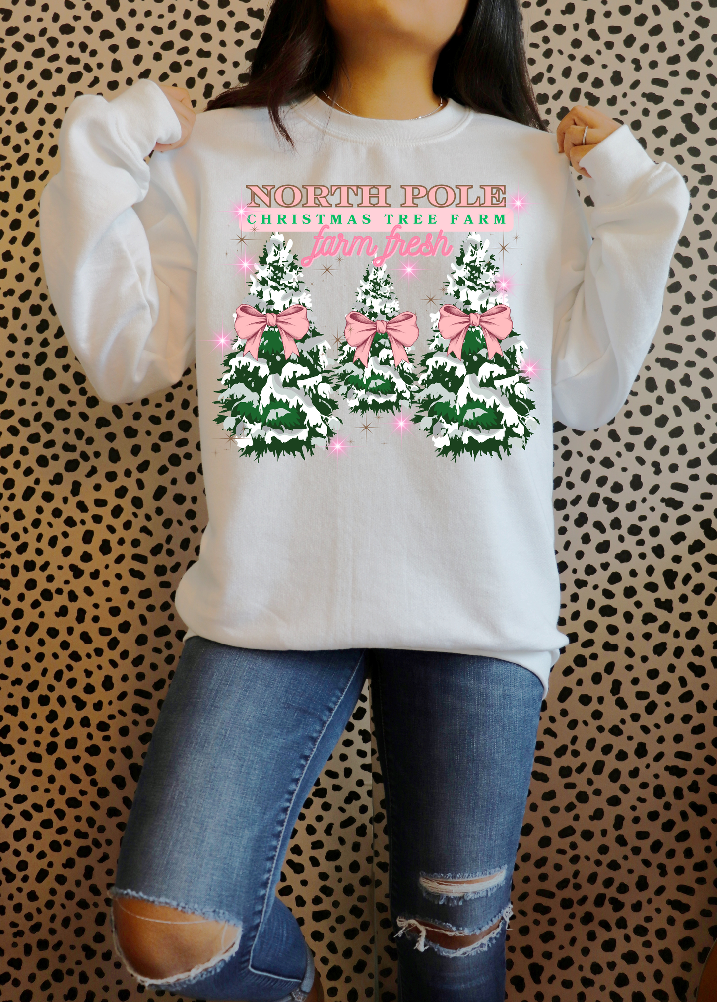 North Pole Christmas Tree Farm Pink Ribbons Sweatshirt | Adult Unisex | full chest print