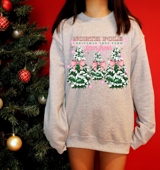 North Pole Christmas Tree Farm Pink Ribbons Sweatshirt | Adult Unisex | full chest print