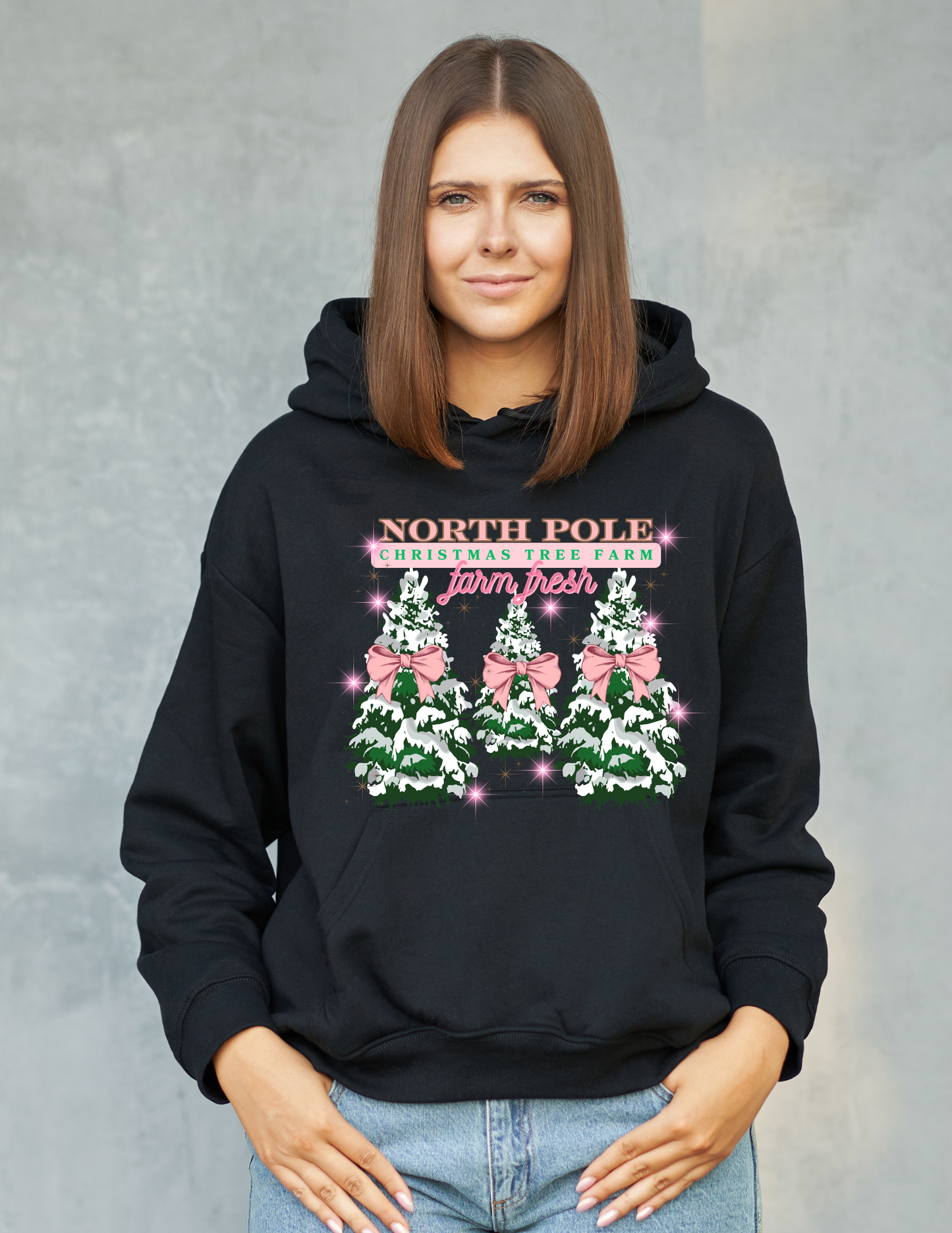 North Pole Christmas Tree Farm Pink Ribbons Hoodie | Adult unisex | front print