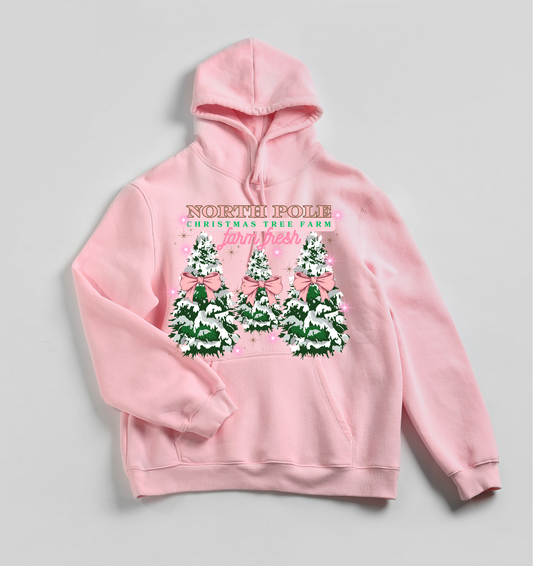 North Pole Christmas Tree Farm Pink Ribbons Hoodie | Adult unisex | front print