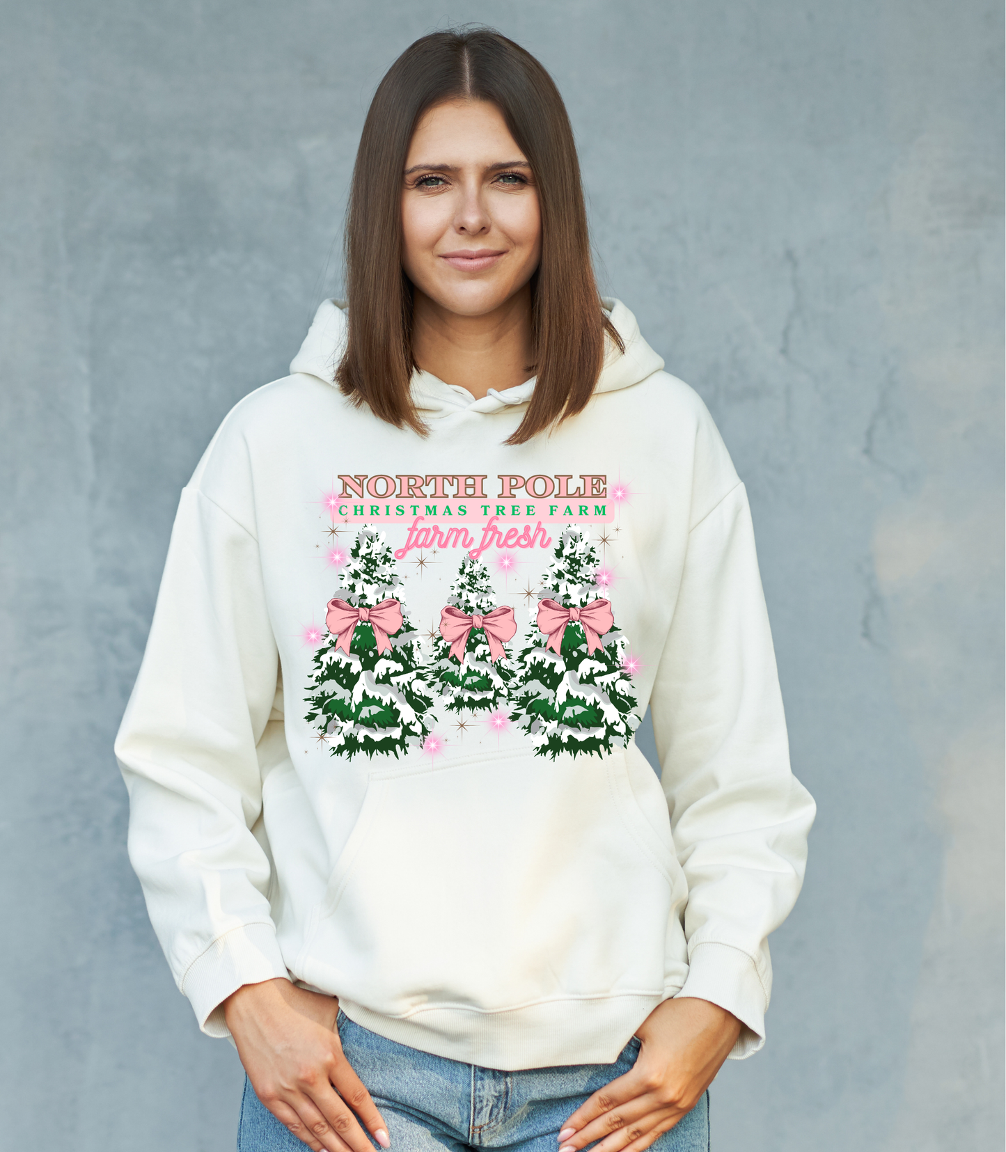 North Pole Christmas Tree Farm Pink Ribbons Hoodie | Adult unisex | front print