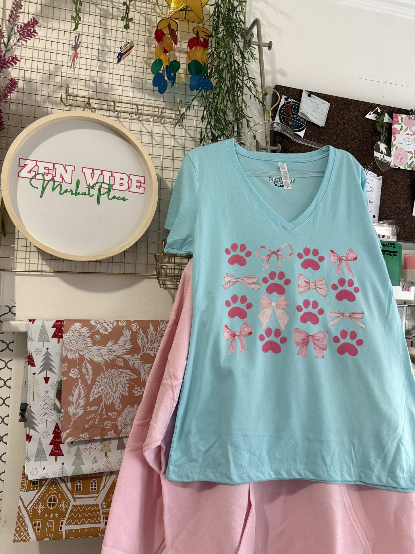 Pink Paws + Pink Ribbons V-neck TEE | Adult Ladies Size | full chest print