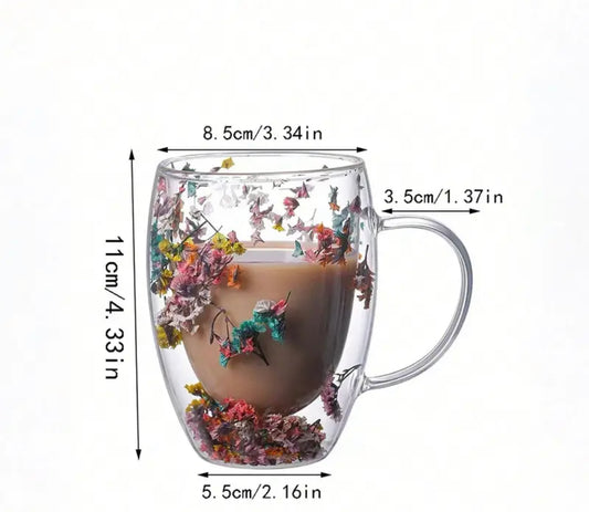 Borosilicate Espresso glass cup | Preserved Dried Flowers Double-Walled Glass Cup | Hot Cold | 350mL | Durable