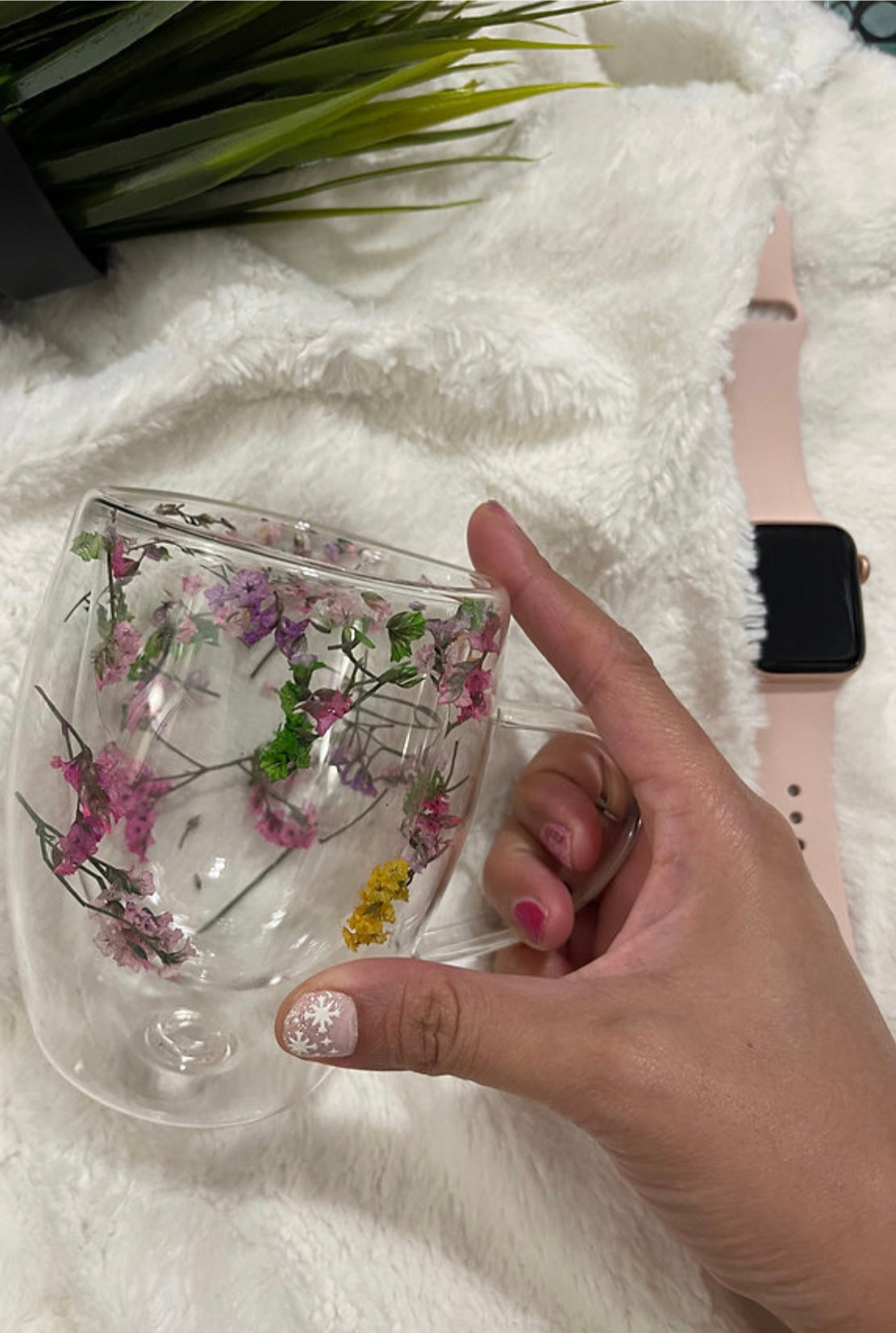 Borosilicate Espresso glass cup | Preserved Dried Flowers Double-Walled Glass Cup | Hot Cold | 350mL | Durable