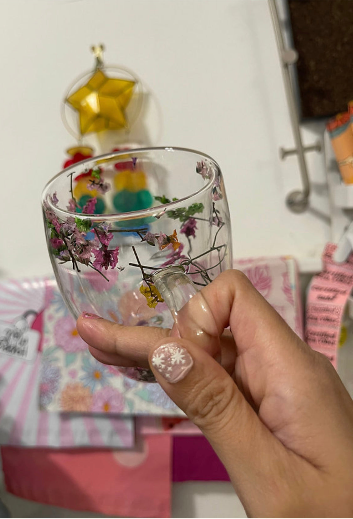 Borosilicate Espresso glass cup | Preserved Dried Flowers Double-Walled Glass Cup | Hot Cold | 350mL | Durable