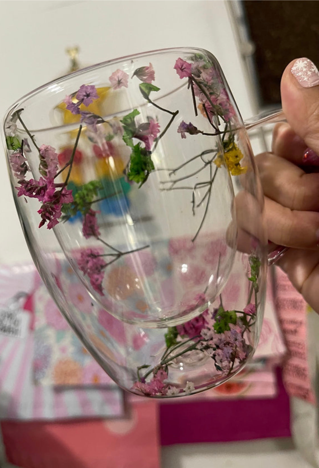 Borosilicate Espresso glass cup | Preserved Dried Flowers Double-Walled Glass Cup | Hot Cold | 350mL | Durable