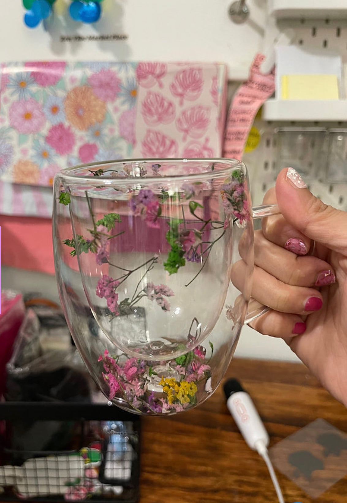 Borosilicate Espresso glass cup | Preserved Dried Flowers Double-Walled Glass Cup | Hot Cold | 350mL | Durable