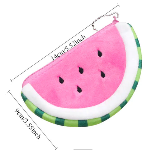 Cartoon Fruit Plush Mini Coin Purse with Zipper | Small PINK Watermelon shape | Soft Elastic Fabric