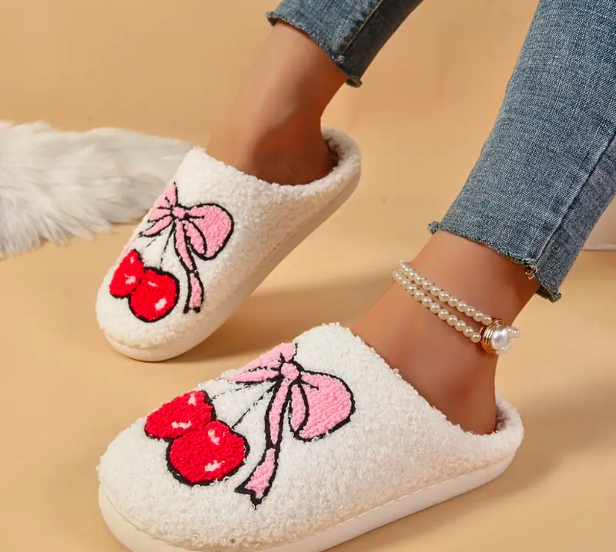 Fruit Pattern warm indoor slippers | Pink Bow Knot-Red Cherries | lightweight with soft fleece lining | Limited Stocks