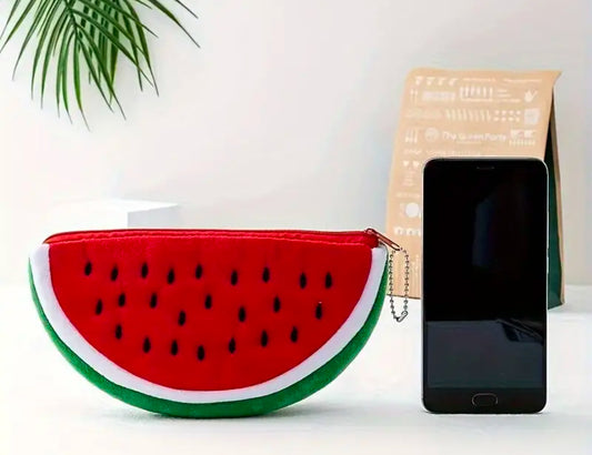 Cartoon Fruit Plush Accessories Purse with Zipper | Red Watermelon shape | Soft Elastic Fabric