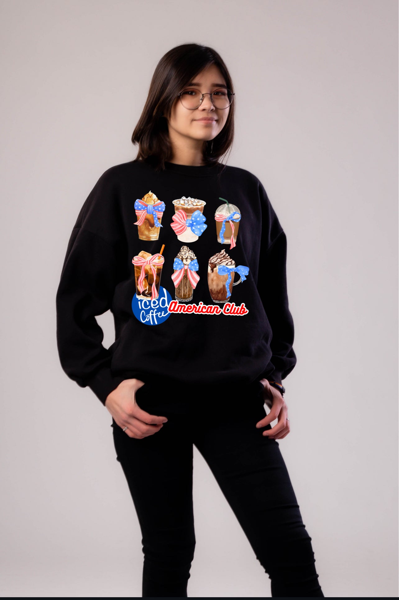 Iced Coffee Bows American Club sweatshirt | Red+Blue | Full Chest