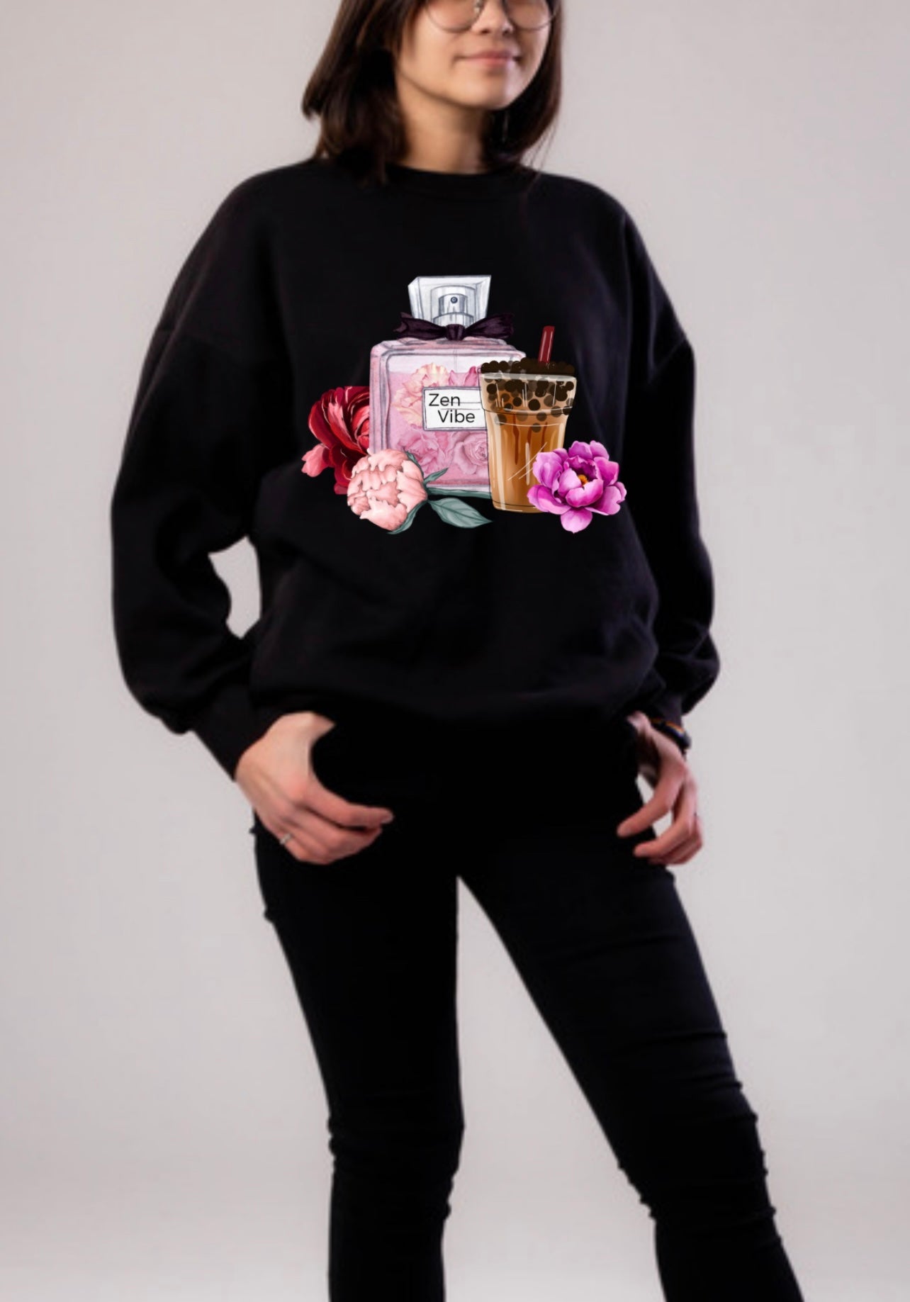 Zen Vibe perfume theme + peony+ Bubble Tea sweatshirt | Full chest Print | adult unisex