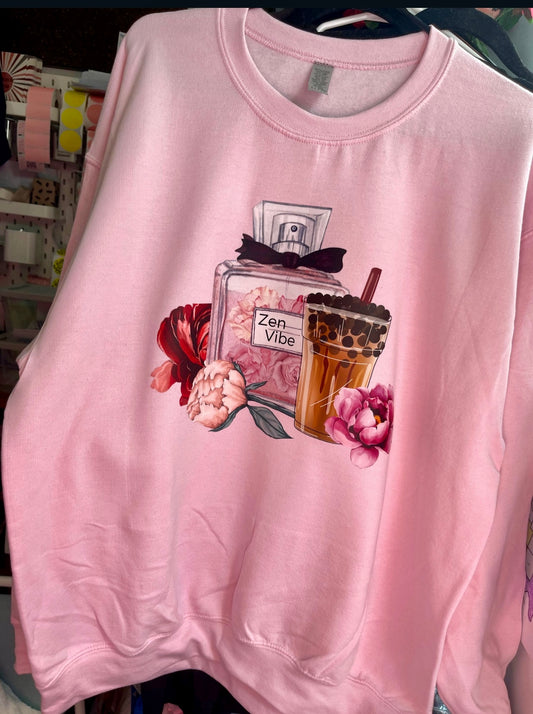 Zen Vibe perfume theme + peony+ Bubble Tea sweatshirt | Full chest Print | adult unisex