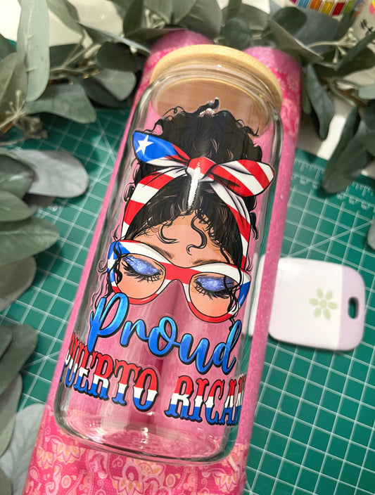 Proud Puerto Rican Lady beercan glasscup set | 20 oz | One side only Permanent UV DTF | Clearance Sale
