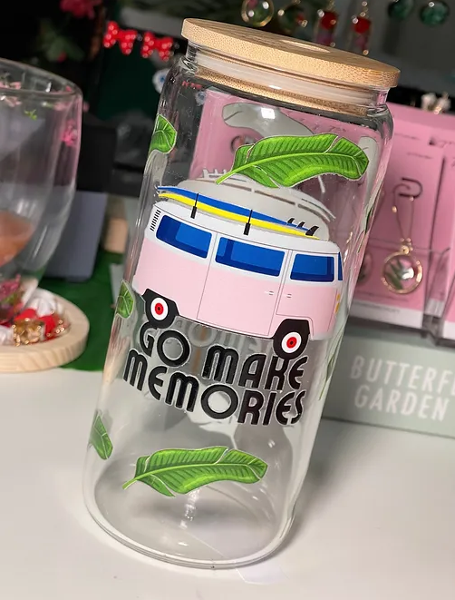GoMakeMemories Tropical Pink MiniVan beercan glasscup set | LightPink minivan | 20 oz