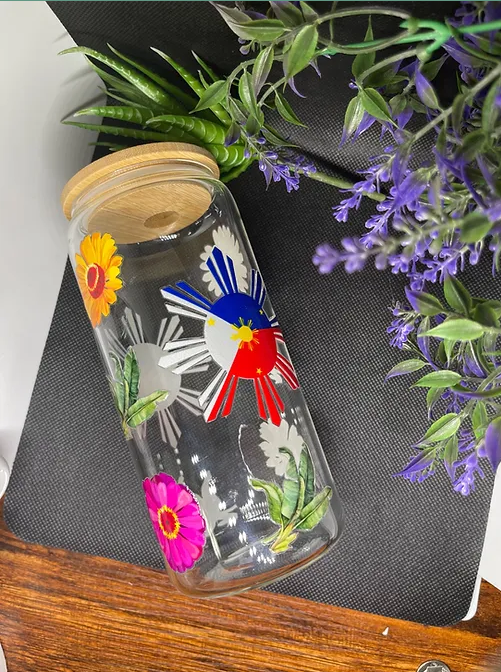 Pinoy Flag Floral Tropical beercan glasscup set | 20 oz | for cold drinks