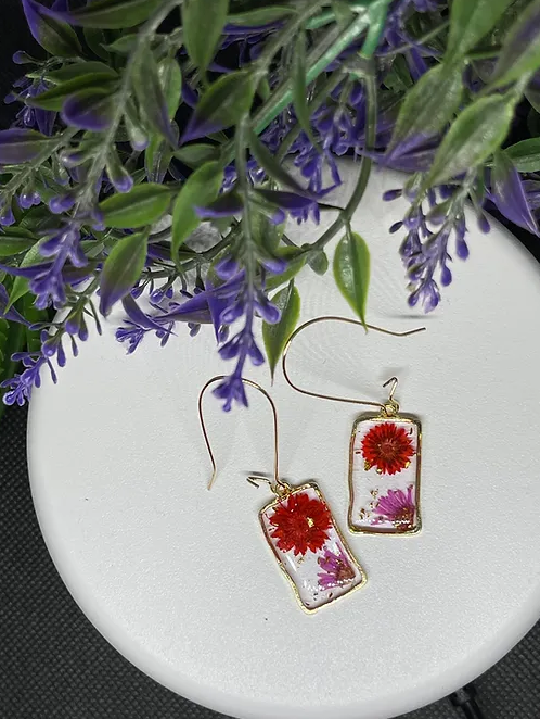 Red+purpleFlower Rectangular Dangling Earrings | Fashion Accessory | 1pair |