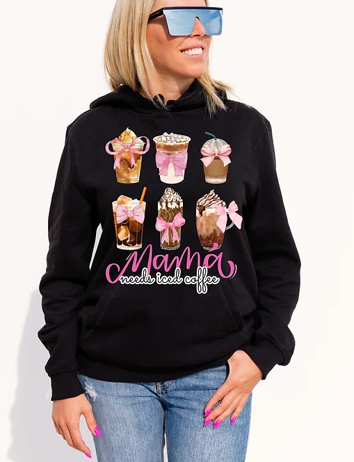 Mama Needs Iced Coffee-Pink RibbonHoodie | adult Unisex size