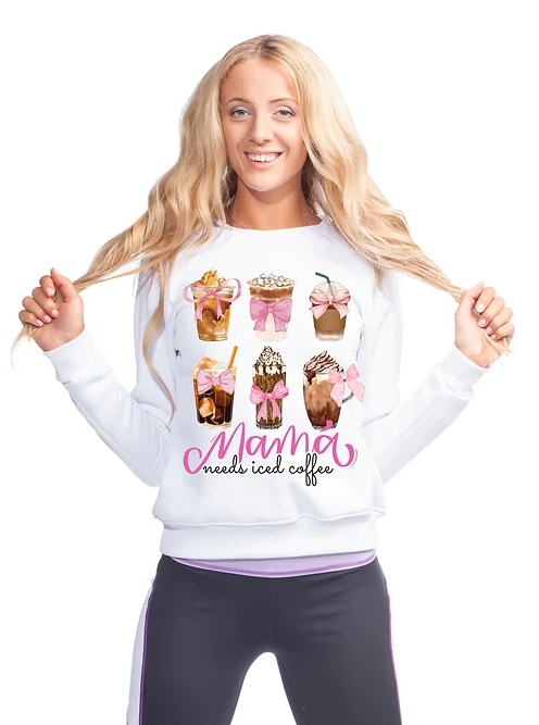 Mama Needs Iced Coffee-Pink Ribbon sweatshirt | adult Unisex size