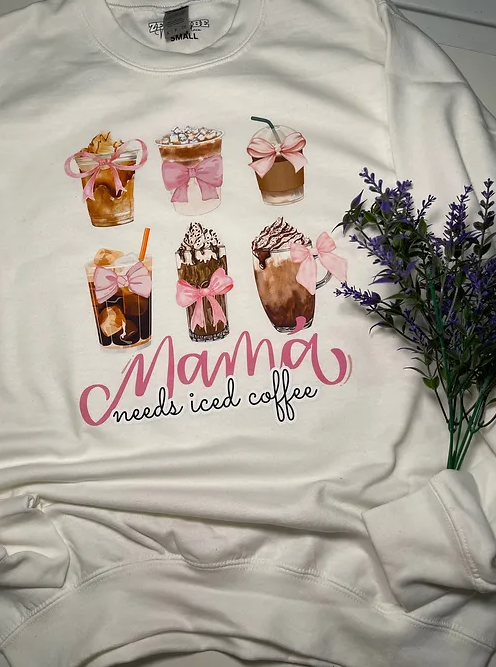 Mama Needs Iced Coffee-Pink Ribbon sweatshirt | adult Unisex size
