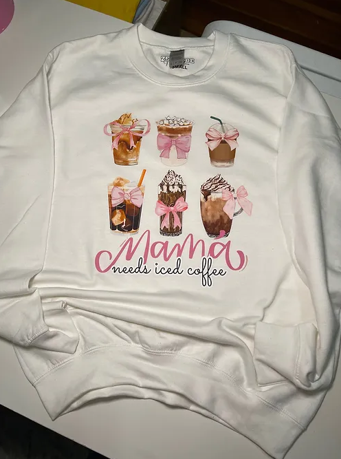 Mama Needs Iced Coffee-Pink Ribbon sweatshirt | adult Unisex size
