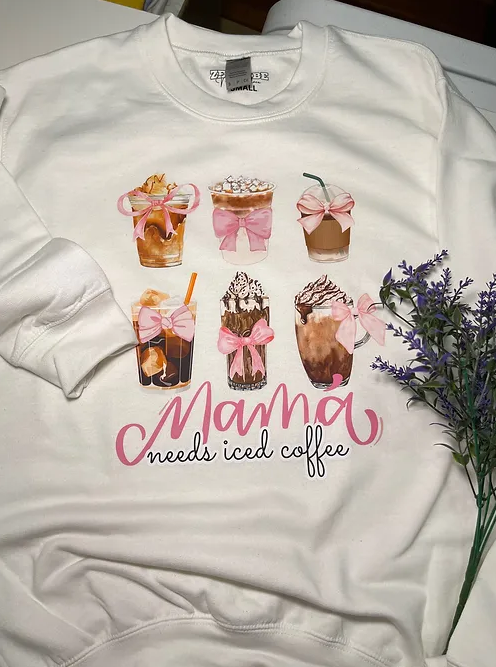 Mama Needs Iced Coffee-Pink Ribbon sweatshirt | adult Unisex size