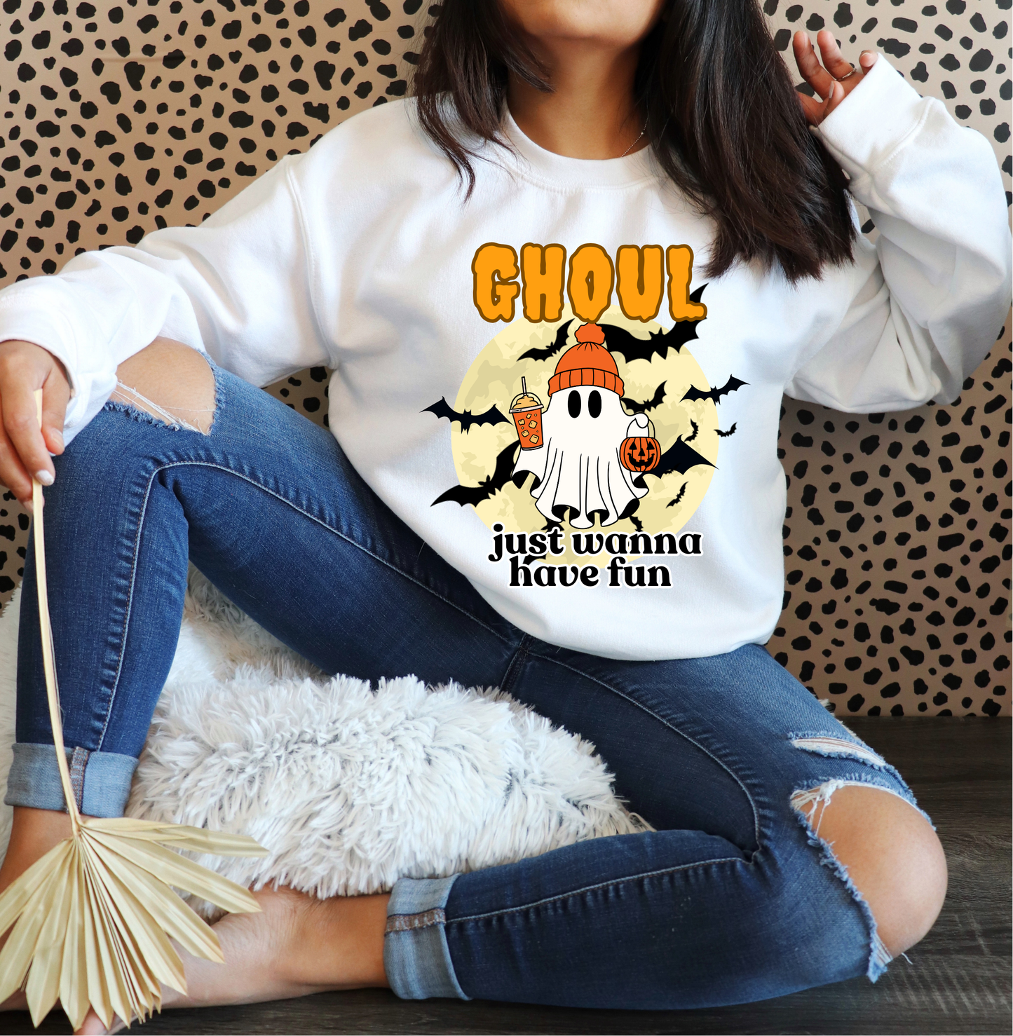 GHOUL just wanna have fun trick or treating with iced PSL sweatshirt | Orange font | Adult unisex size |