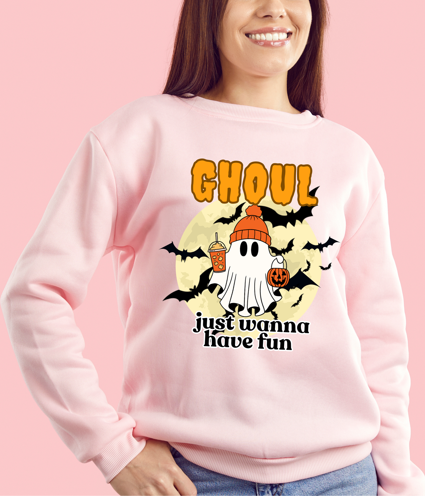 GHOUL just wanna have fun trick or treating with iced PSL sweatshirt | Orange font | Adult unisex size |