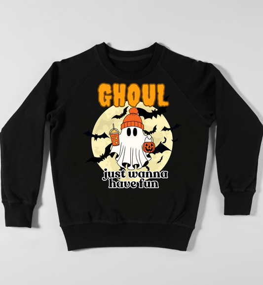 GHOUL just wanna have fun trick or treating with iced PSL sweatshirt | Orange font | Adult unisex size |