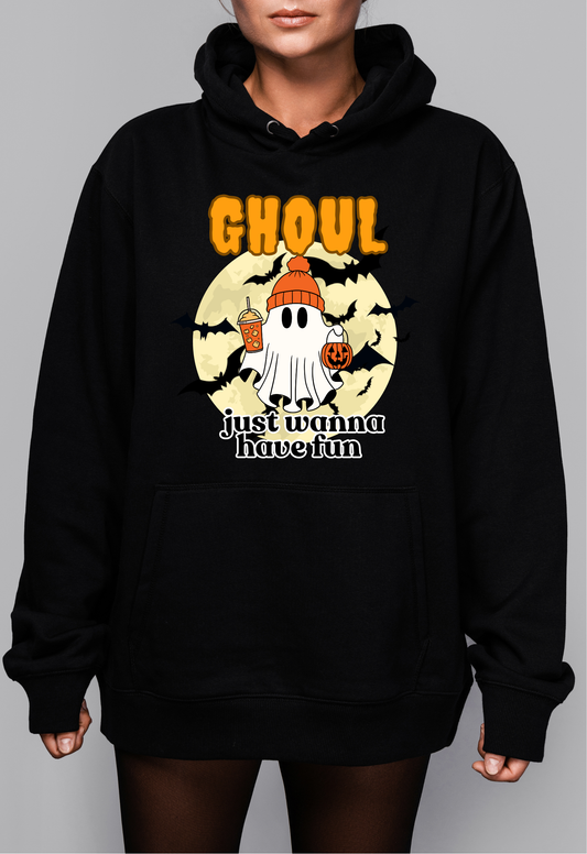 GHOUL just wanna have fun trick or treating with iced PSL HOODIE | Orange font | Adult unisex size | (Copy)