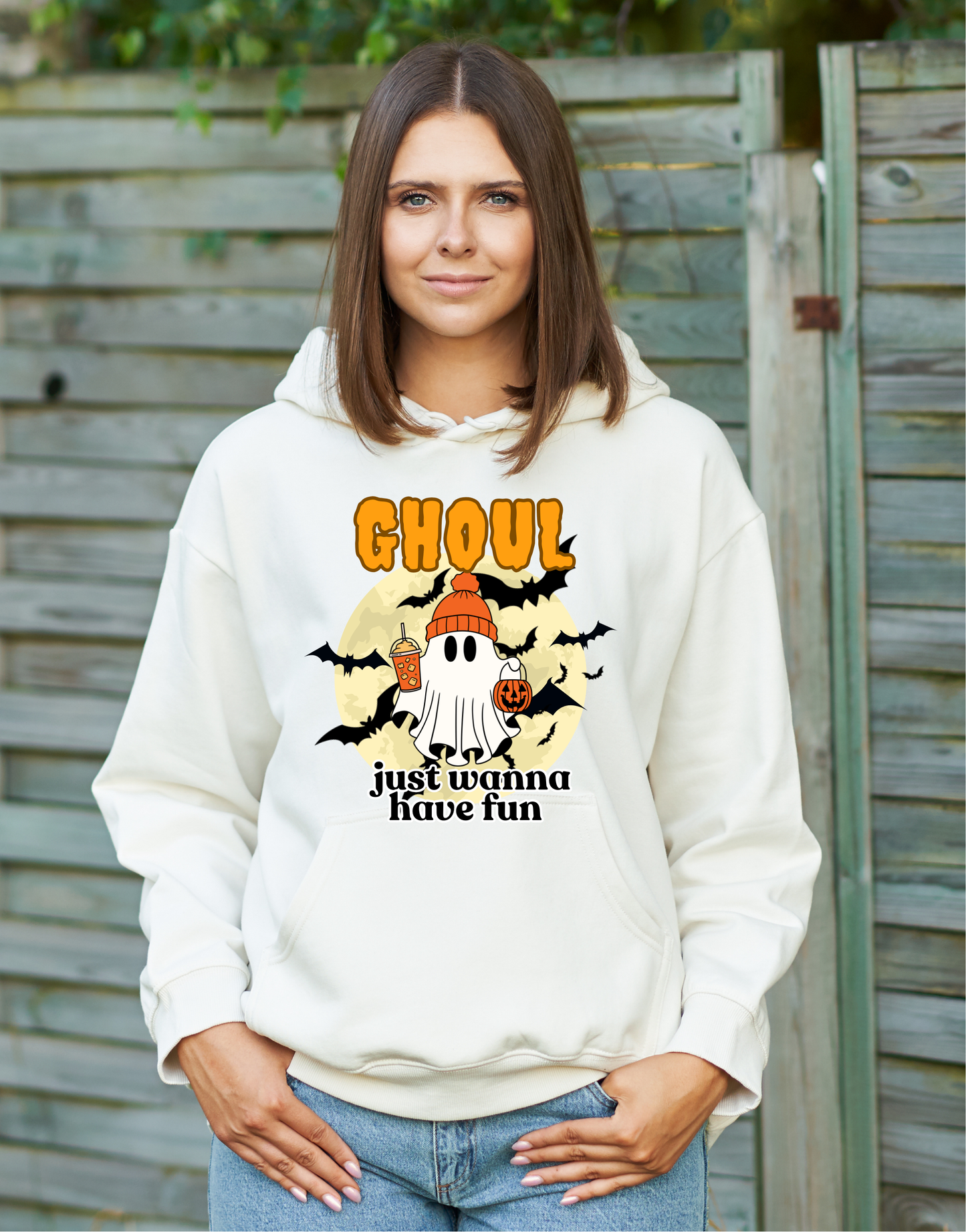 GHOUL just wanna have fun trick or treating with iced PSL HOODIE | Orange font | Adult unisex size | (Copy)
