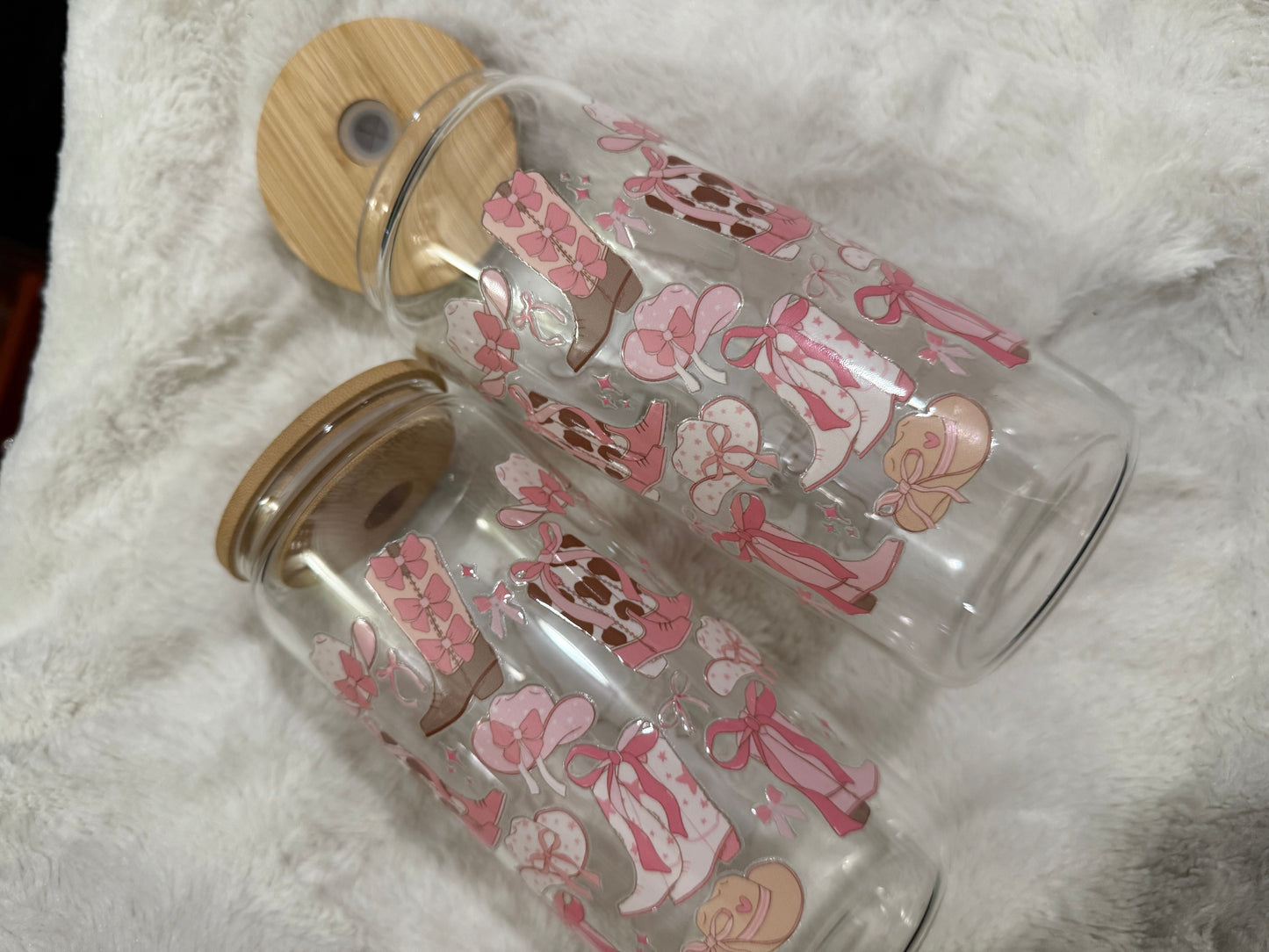 Pink Ribbon cowgirl boots and hats beercan glasscup set | 20 oz