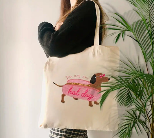 Chic Embroidered Dachsund Hot Dog canvas tote | 2 sided | pet lover | limited stocks