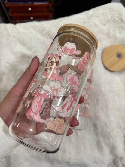 Pink Ribbon cowgirl boots and hats beercan glasscup set | 20 oz