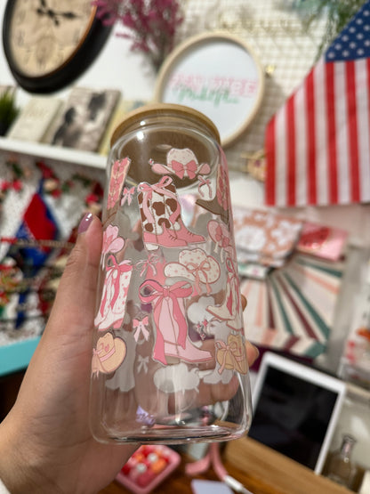 Pink Ribbon cowgirl boots and hats beercan glasscup set | 20 oz