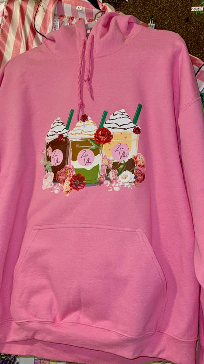 Zen Vibe Latte and peonies Hoodie | Adult unisex | front print