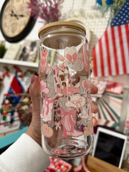 Pink Ribbon cowgirl boots and hats beercan glasscup set | 20 oz