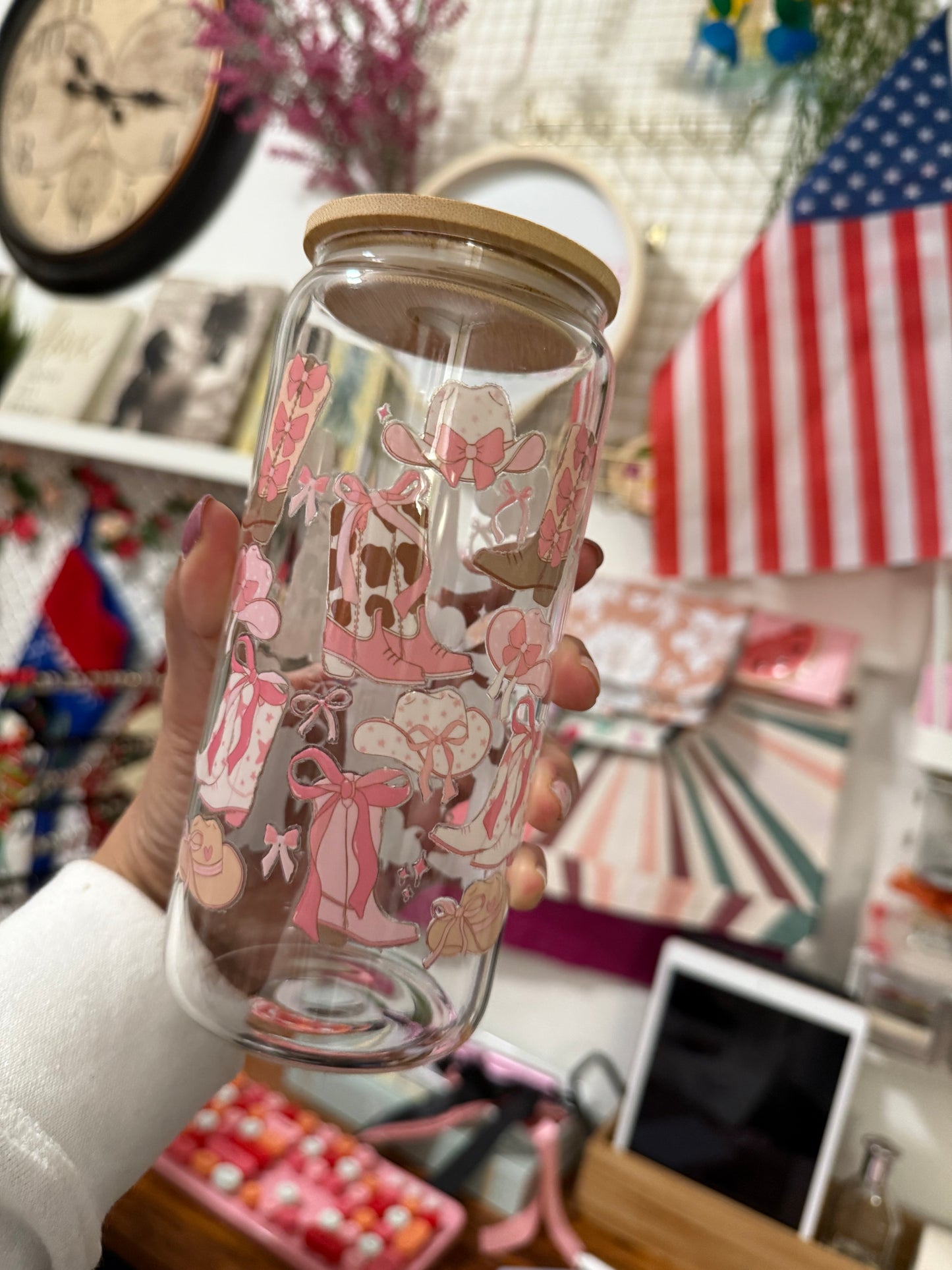 Pink Ribbon cowgirl boots and hats beercan glasscup set | 20 oz