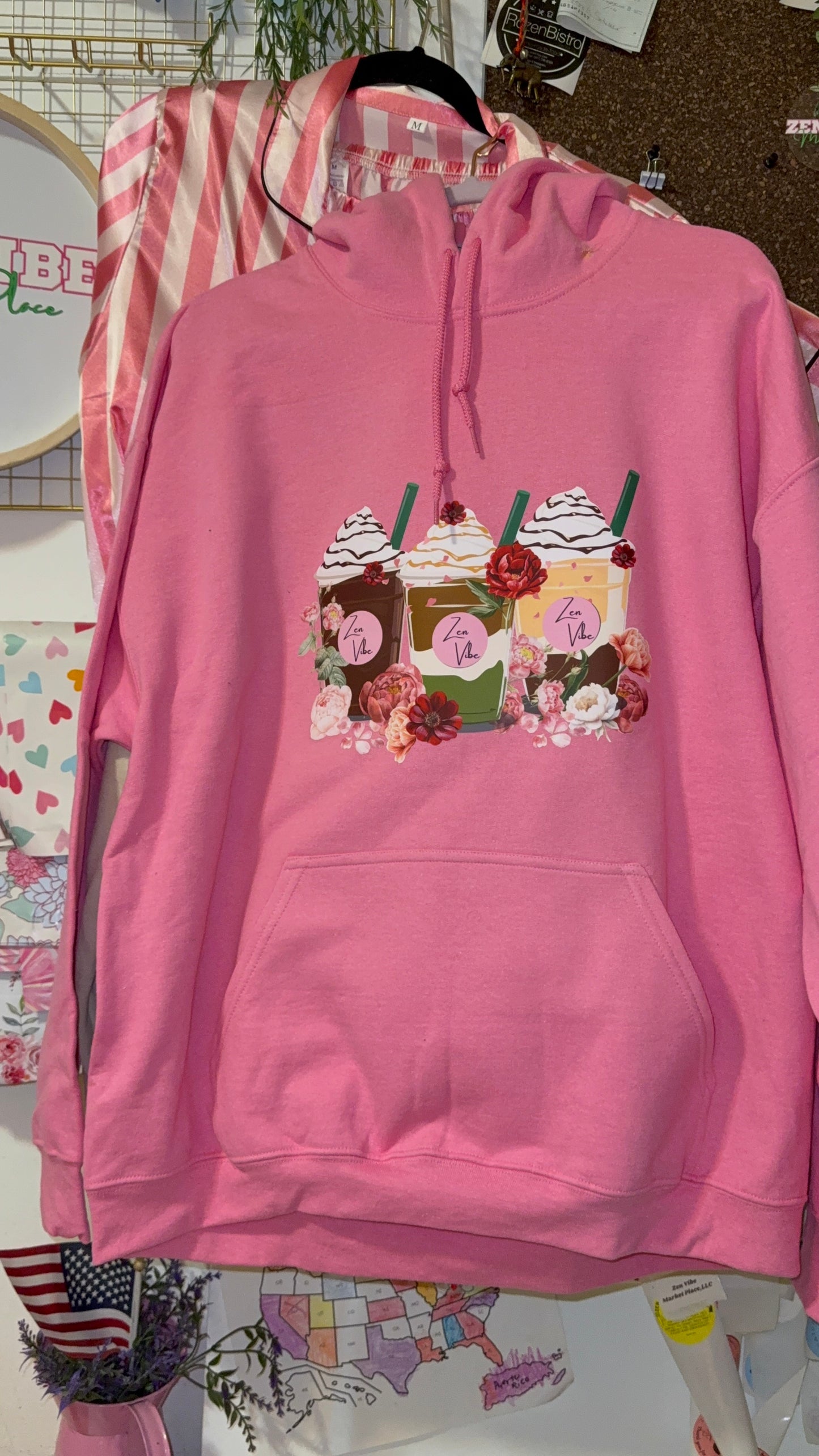 Zen Vibe Latte and peonies Hoodie | Adult unisex | front print