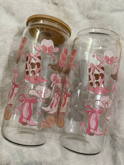 Pink Ribbon cowgirl boots and hats beercan glasscup set | 20 oz