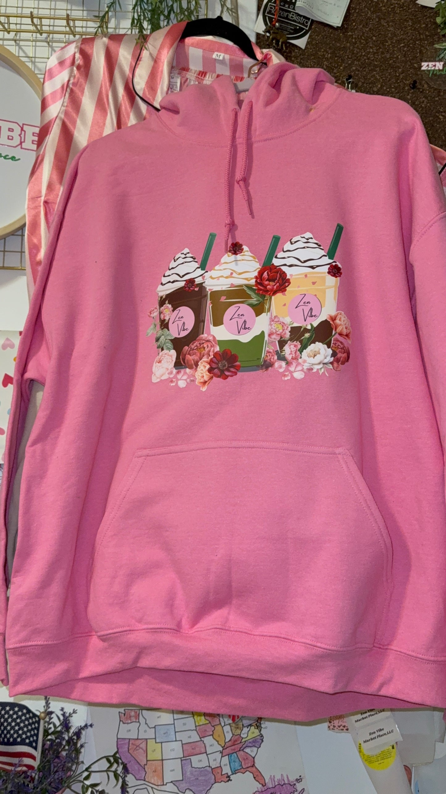 Zen Vibe Latte and peonies Hoodie | Adult unisex | front print