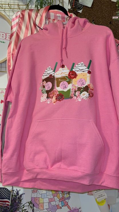 Zen Vibe Latte and peonies Hoodie | Adult unisex | front print